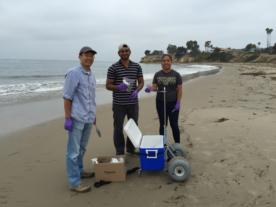 Dong Li, Naresh Devarajan, and Tania Gomez sampling for coastal water quality research.