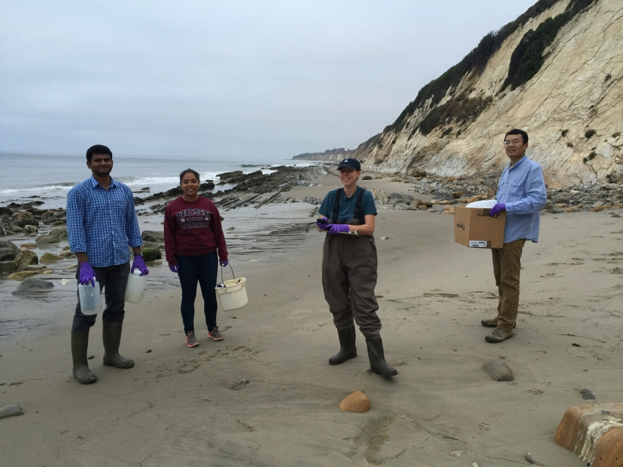 Naresh Devarajan, Tania Gomez, Laurie Van De Werfhorst, and Dong Li, sampling for water quality research at Arroyo Hondo
